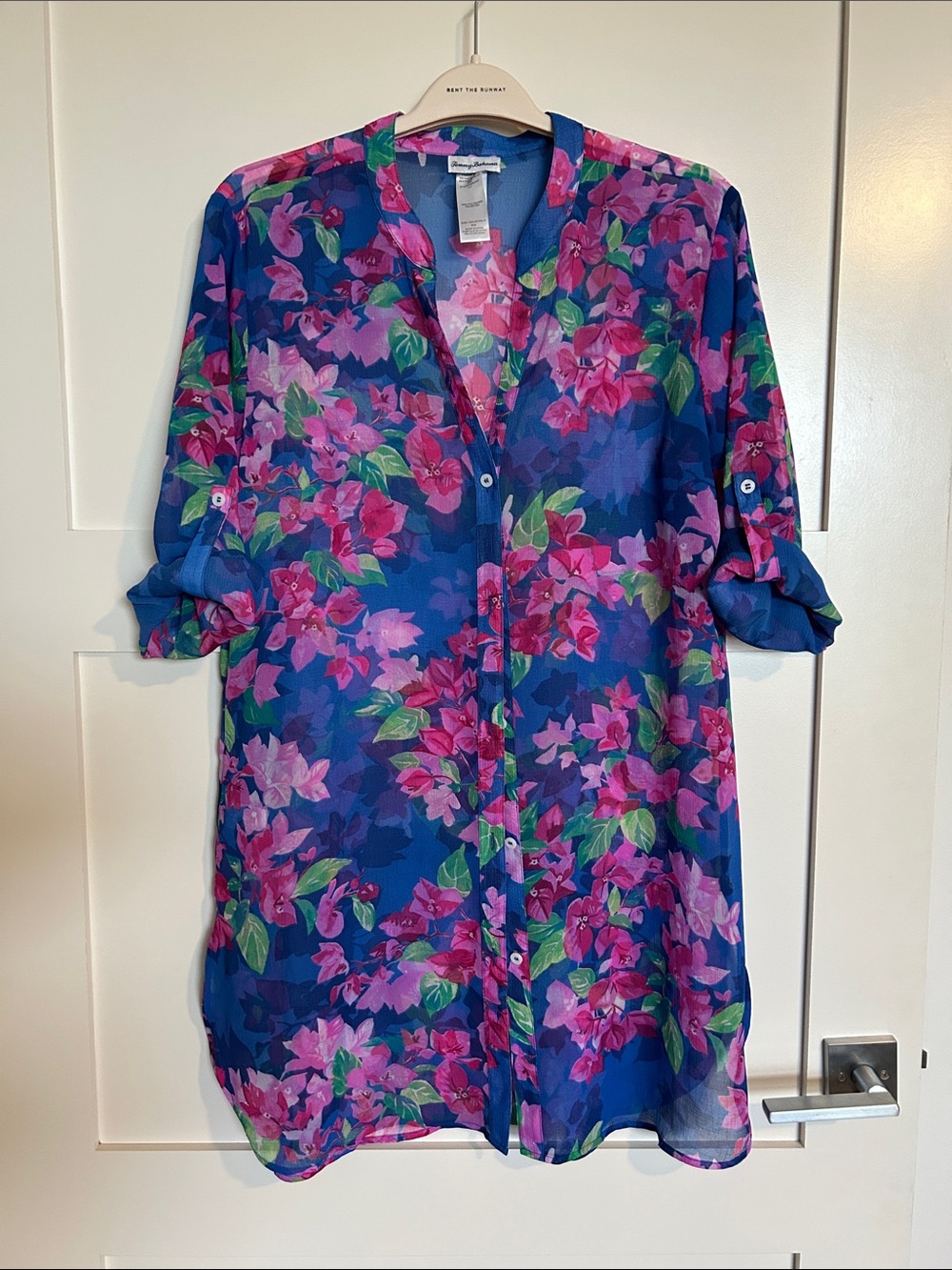 Tommy Bahama - Floral Sheer Button-Front Tunic - Blue with Pink Floral medium